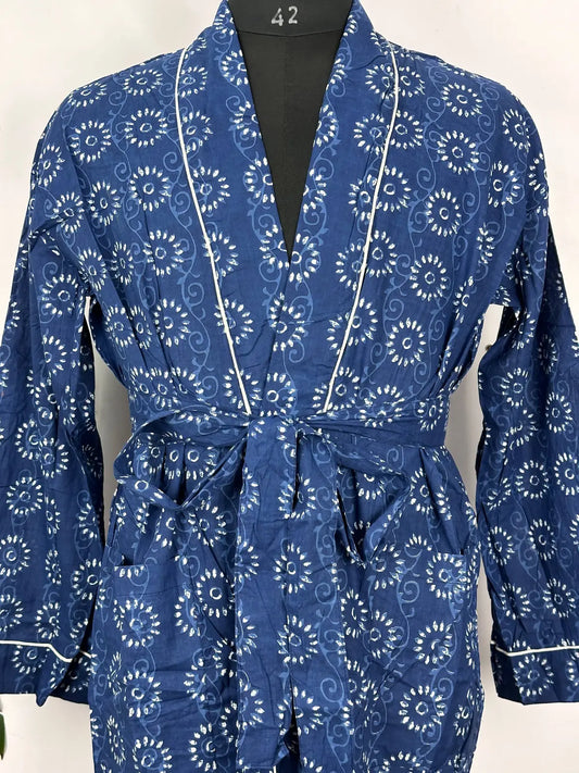 Men’s Cotton Handprinted House Robe Kimono Indigo Floral Mughal Bloom