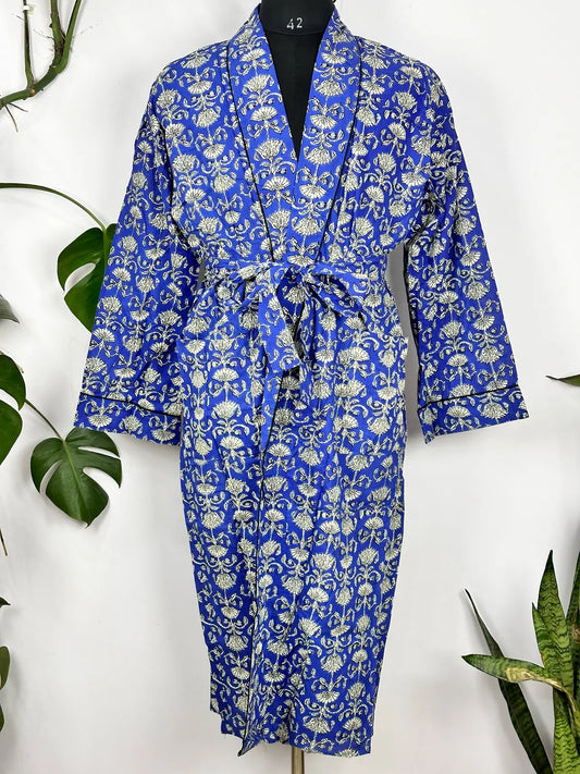 Herren Bademantel aus reiner Baumwolle, Kimono, Funky Sommer-Hauskleidung, handbedruckt, florales Strand-Überkleid, lässige Raucher-Lounge-Kleidung | Blau-weißer Lotus