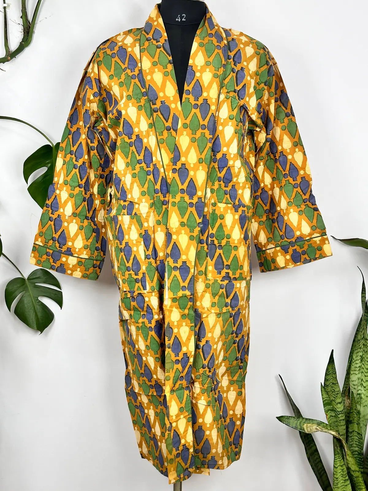 Funky Men’s Cotton House Robe Kimono | Pastel Mustard Yellow Green Blue | Urban Man Regal Dressing Lounge | Cool Gift Father | Boyfriend