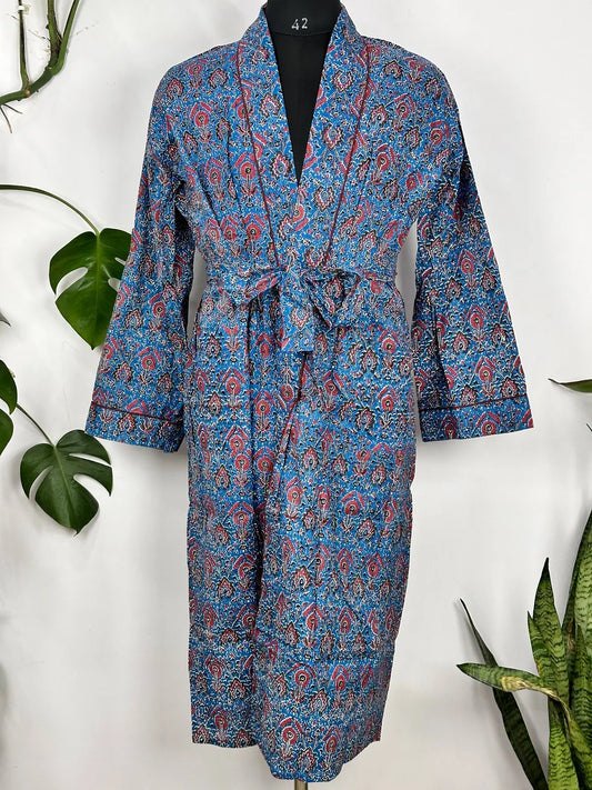 Handbedruckter Hausmantel Kimono aus Baumwolle für Herren, Blau, Persian Bloom