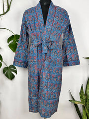 Men’s Cotton Handprinted House Robe Kimono Blue Persian Bloom
