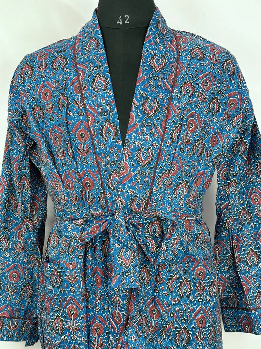 Men’s Cotton Handprinted House Robe Kimono Blue Persian Bloom