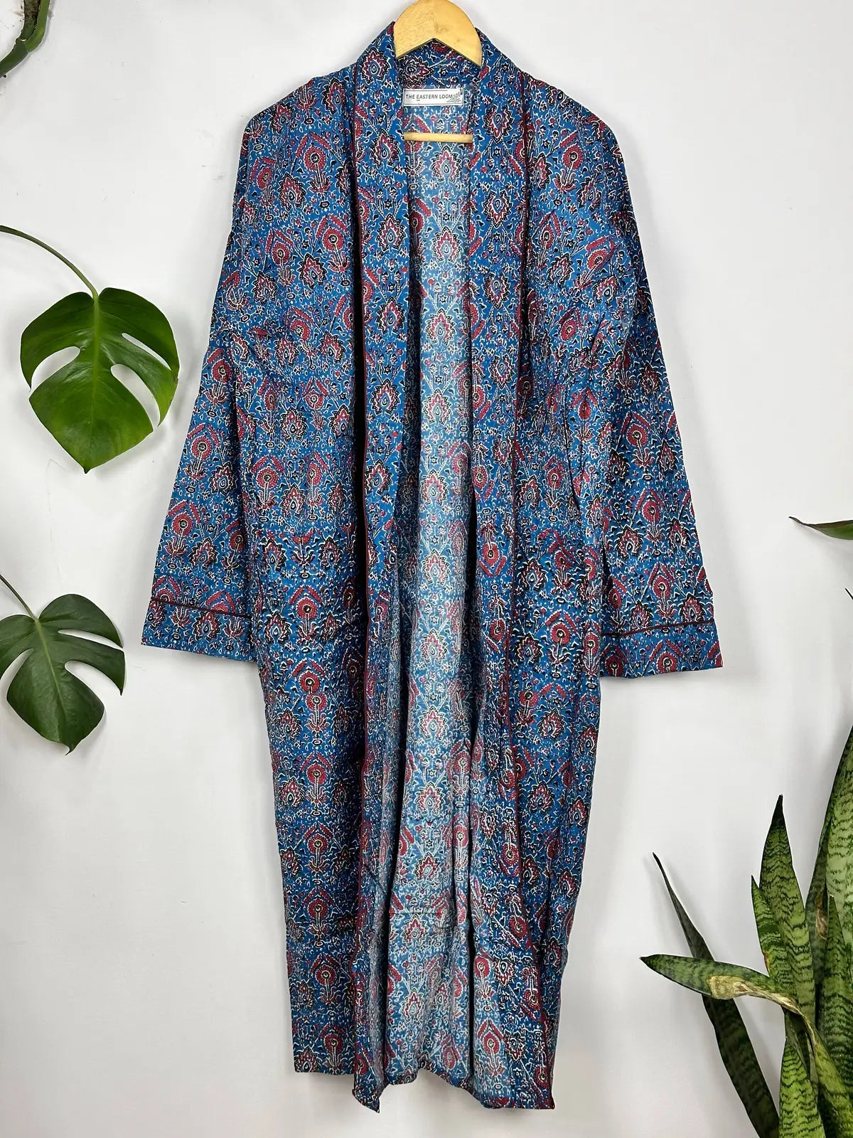 Men’s Cotton Handprinted House Robe Kimono Blue Persian Bloom
