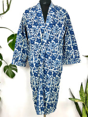 Men Pure Cotton Robe Kimono Funky Summer House Wear Handblock Printed Elegant Beach Coverup, Smoking Lounge Wear | White Blue Indigo Floral