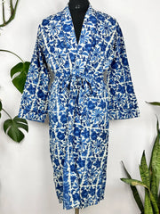 Men Pure Cotton Robe Kimono Funky Summer House Wear Handblock Printed Elegant Beach Coverup, Smoking Lounge Wear | White Blue Indigo Floral