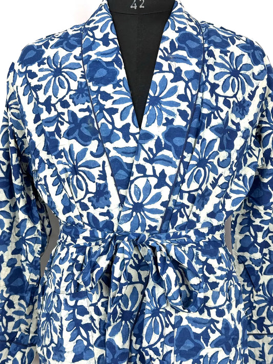 Men Pure Cotton Robe Kimono Funky Summer House Wear Handblock Printed Elegant Beach Coverup, Smoking Lounge Wear | White Blue Indigo Floral