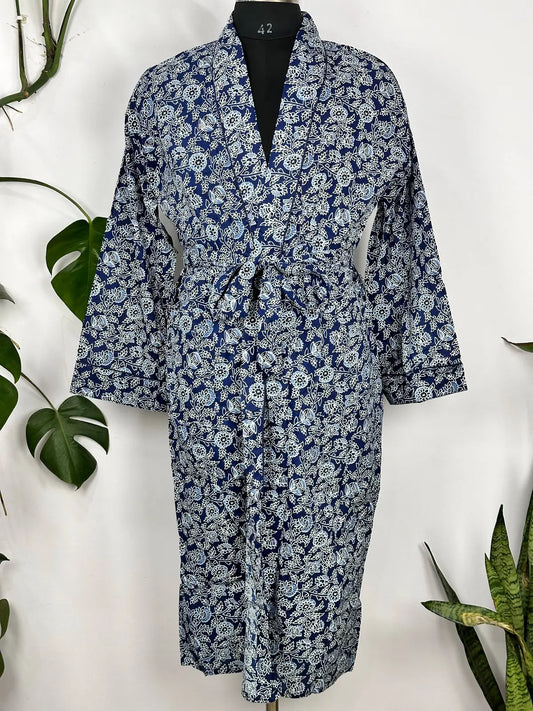 Men’s Cotton Handprinted House Robe Kimono Indigo Botanical Bloom