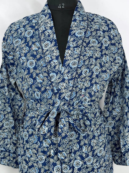 Men’s Cotton Handprinted House Robe Kimono Indigo Botanical Bloom