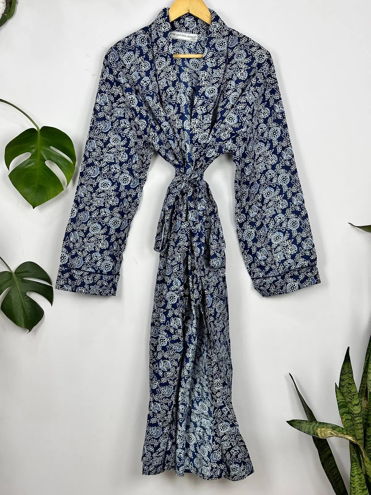 Men’s Cotton Handprinted House Robe Kimono Indigo Botanical Bloom