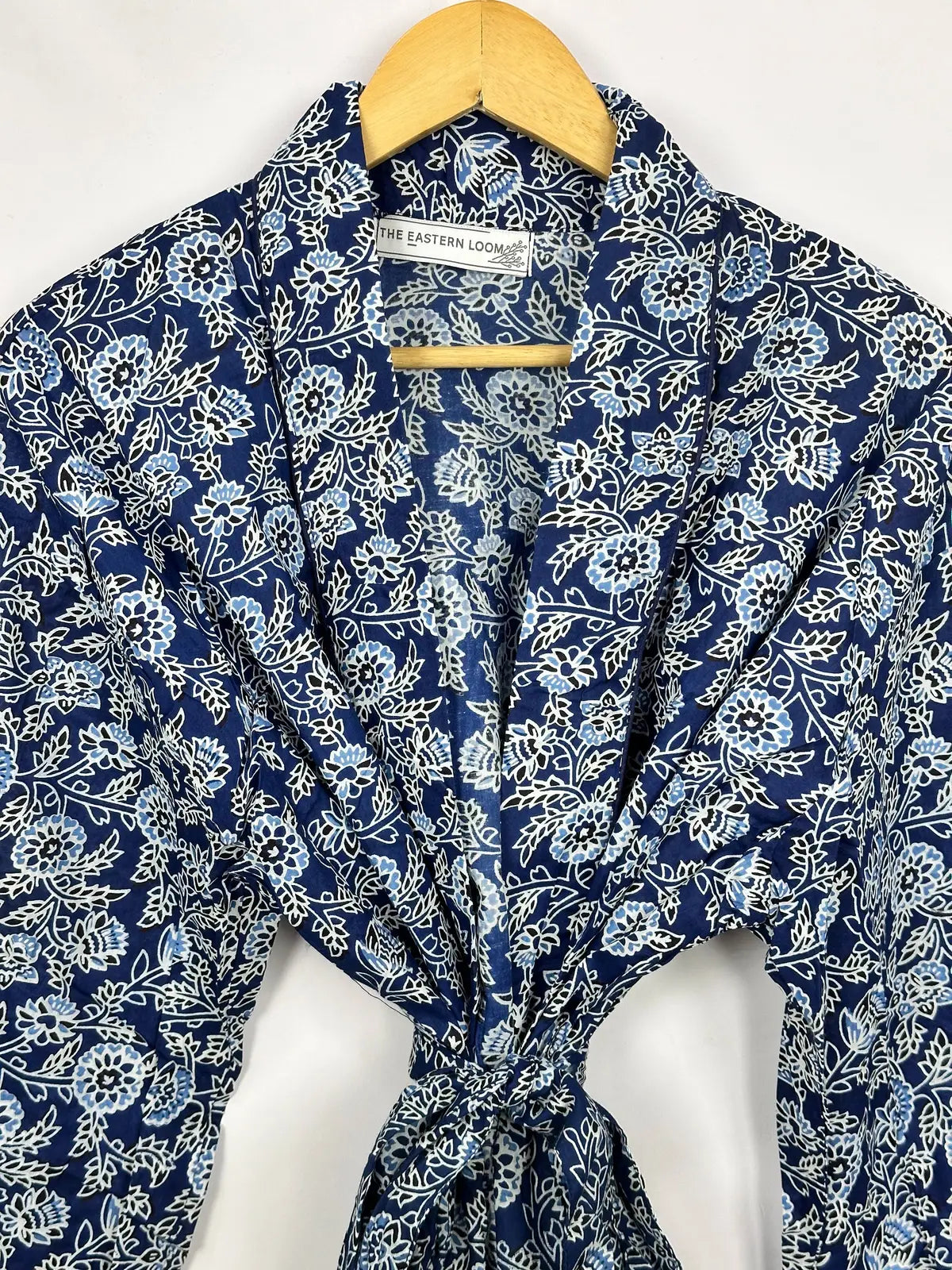 Men’s Cotton Handprinted House Robe Kimono Indigo Botanical Bloom