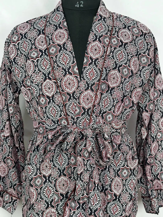 Men’s Cotton Handprinted House Robe Kimono Maroon Mandala