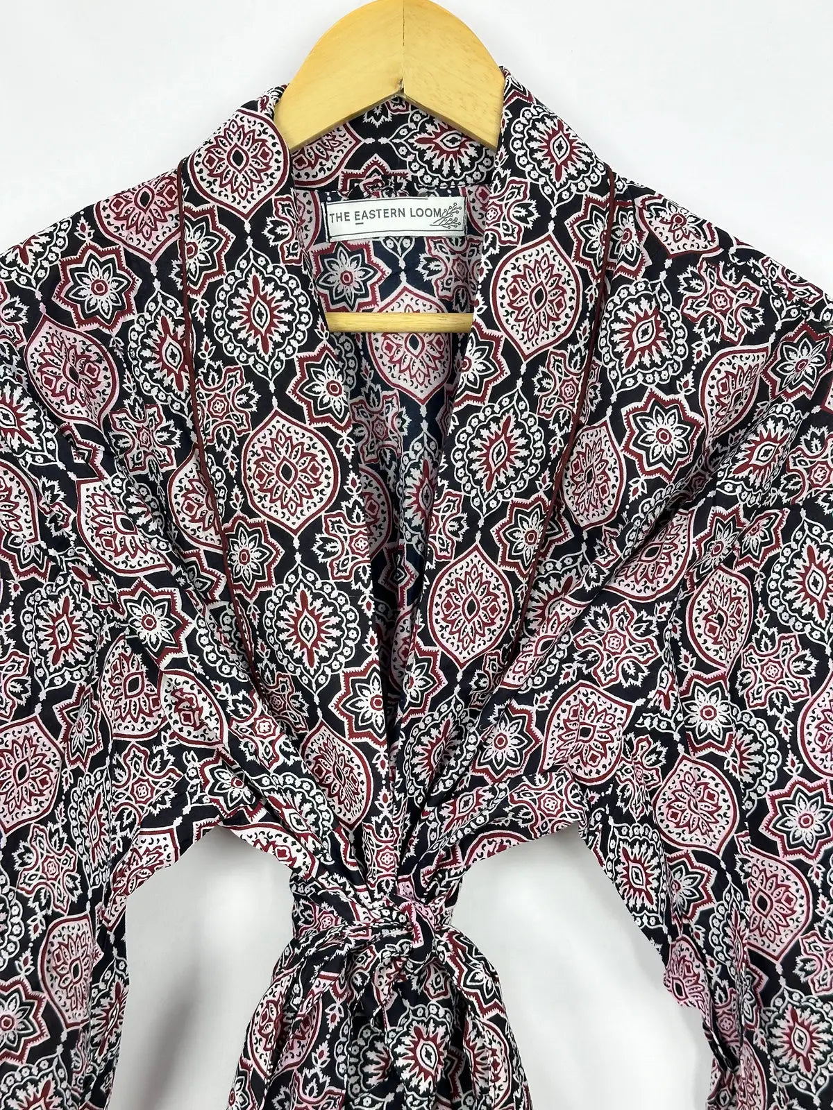 Men’s Cotton Handprinted House Robe Kimono Maroon Mandala