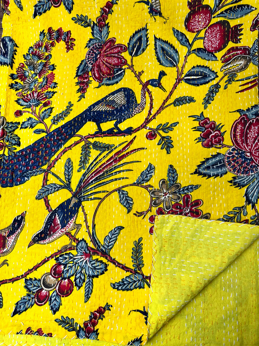 Pure Cotton Kantha Stitch Throw | Indian Hand Block Quilted King Size Bedspread/Sofa Cover Home Decor | Floral Reversible Print Yellow