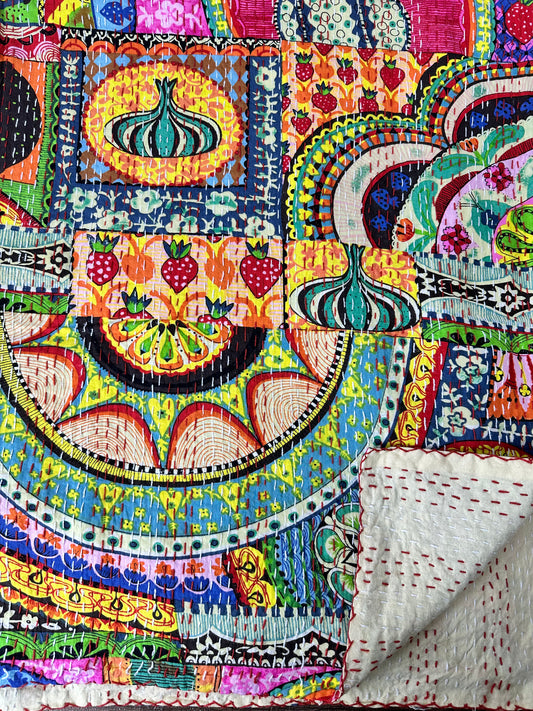 Pure Cotton Kantha Stitch Throw | Indian Hand Block Quilted King Size Bedspread/Sofa Cover Home Decor | Patch Work Reversible Print Multicolor