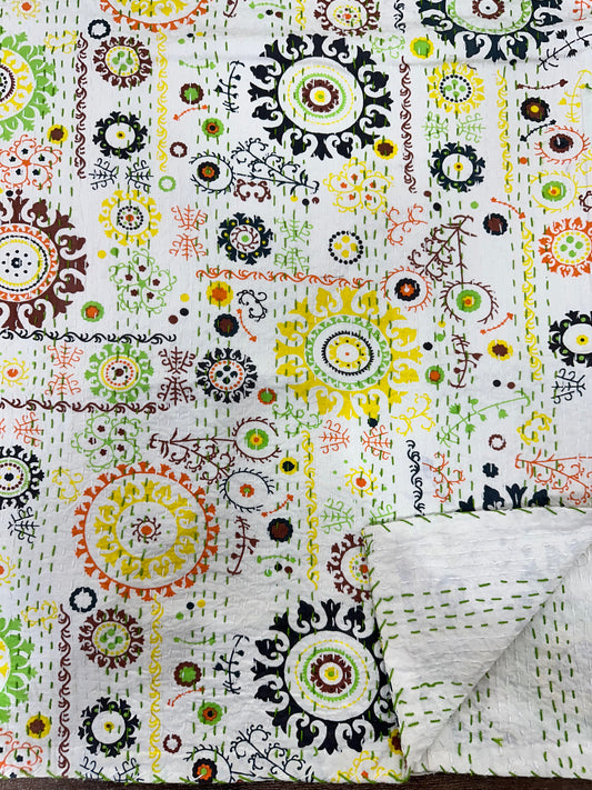 Pure Cotton Kantha Stitch Throw | Indian Hand Block Quilted King Size Bedspread/Sofa Cover Home Decor | Flower Reversible Print White