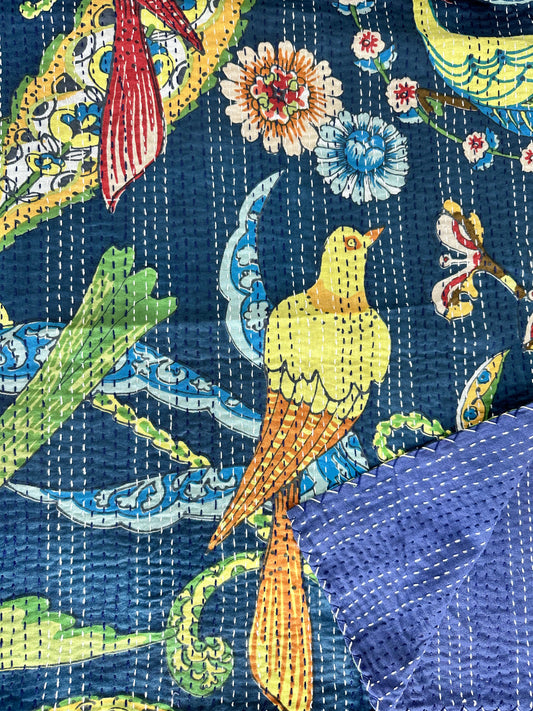 Pure Cotton Kantha Stitch Throw | Indian Hand Block Quilted King Size Bedspread/Sofa Cover Home Decor | Bird Reversible Print Blue