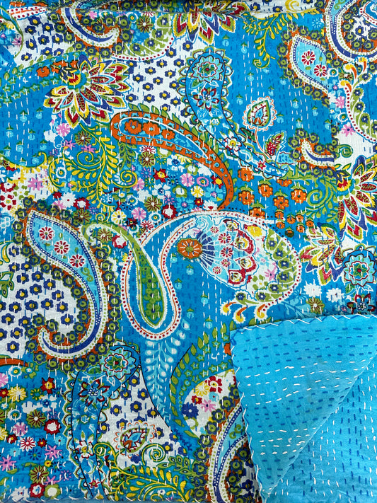 Pure Cotton Kantha Stitch Throw | Indian Hand Block Quilted King Size Bedspread/Sofa Cover Home Decor | Paisley Reversible Print Blue