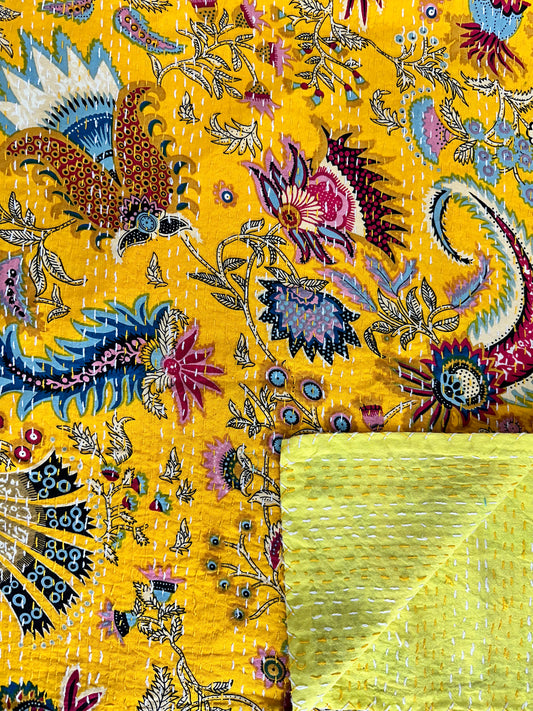 Pure Cotton Kantha Stitch Throw | Indian Hand Block Quilted King Size Bedspread/Sofa Cover Home Decor | King Reversible Print Yellow