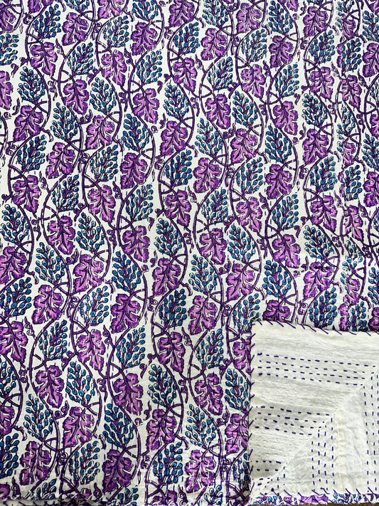 Pure Cotton Kantha Stitch Throw | Indian Hand Block Quilted King Size Bedspread/Sofa Cover Home Decor | Leaf Reversible Print White Purple