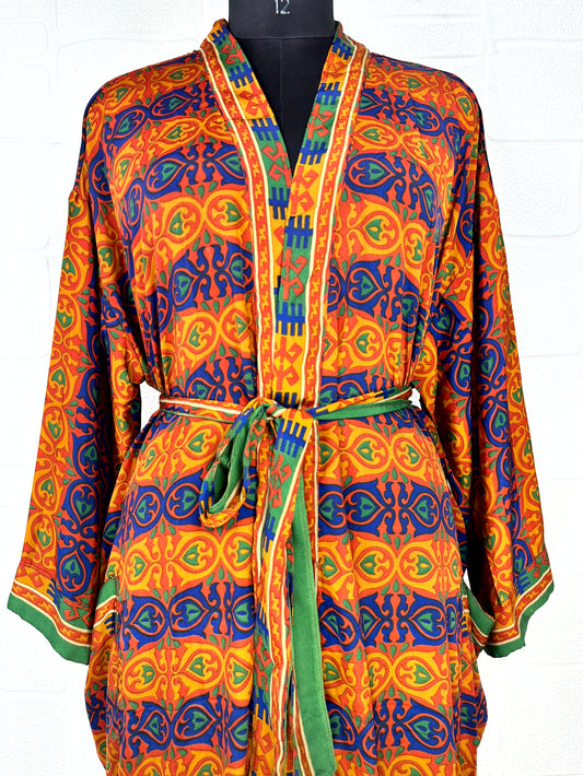 Recycle Boho House Robe Kimono Vintage Silk Sari Dressing Gown, Beach Coverup, Bridesmaid, Anniversary Gift Her | Leaf Print Orange Blue