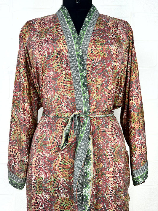 Recycle Boho House Robe Kimono Vintage Silk Sari Dressing Gown, Beach Coverup, Bridesmaid, Anniversary Gift Her | Leaf Print Brown Green