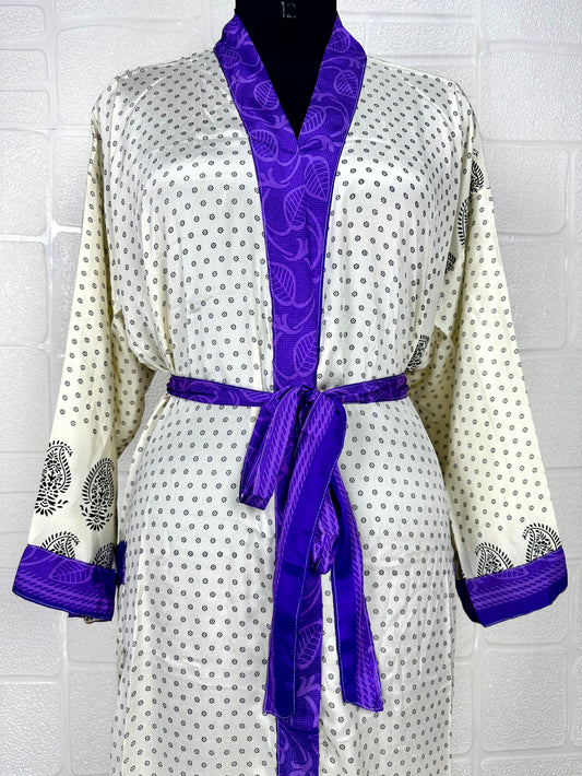 Recycle Boho House Robe Kimono Vintage Silk Sari Dressing Gown, Beach Coverup, Bridesmaid, Anniversary Gift Her | Paisley Print Beige Purple