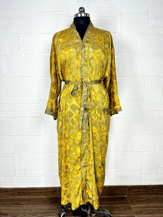 Recycle Boho House Robe Kimono Vintage Silk Sari Dressing Gown, Beach Coverup, Bridesmaid, Anniversary Gift Her | Geometric Print Yellow