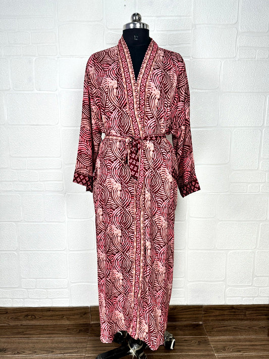 Recycle Boho House Robe Kimono Vintage Silk Sari Dressing Gown, Beach Coverup, Bridesmaid, Anniversary Gift Her | Geometric Print Pink