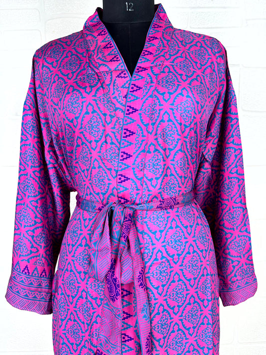 Recycle Boho House Robe Kimono Vintage Silk Sari Dressing Gown, Beach Coverup, Bridesmaid, Anniversary Gift Her | Geometric Print Pink Blue