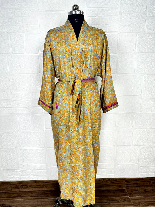 Recycle Boho House Robe Kimono Vintage Silk Sari Dressing Gown, Beach Coverup, Bridesmaid, Anniversary Gift Her | Leaf Print Yellow Orange