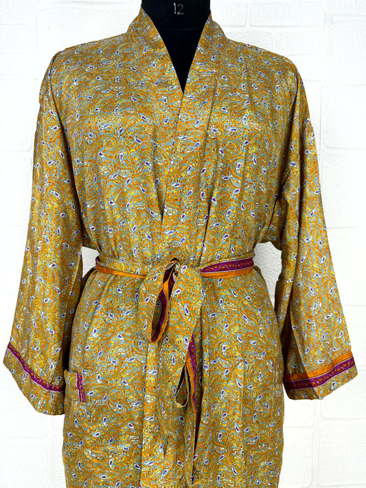 Recycle Boho House Robe Kimono Vintage Silk Sari Dressing Gown, Beach Coverup, Bridesmaid, Anniversary Gift Her | Leaf Print Yellow Orange