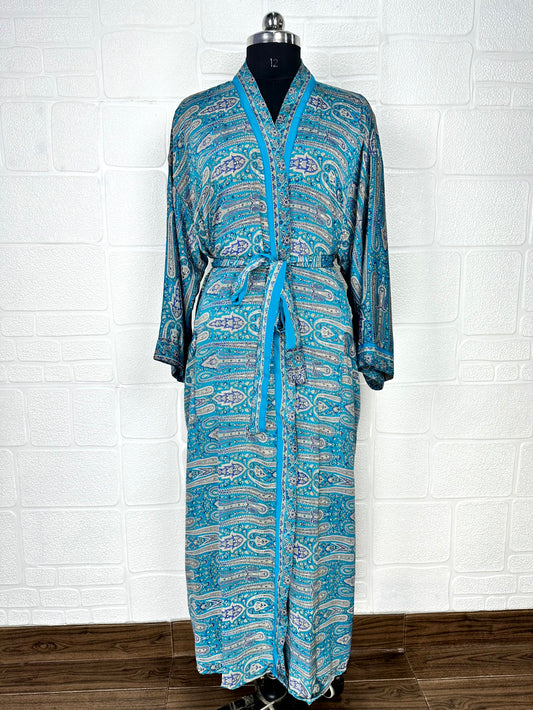 Recycle Boho House Robe Kimono Vintage Silk Sari Dressing Gown, Beach Coverup, Bridesmaid, Anniversary Gift Her | Paisley Print Blue Grey