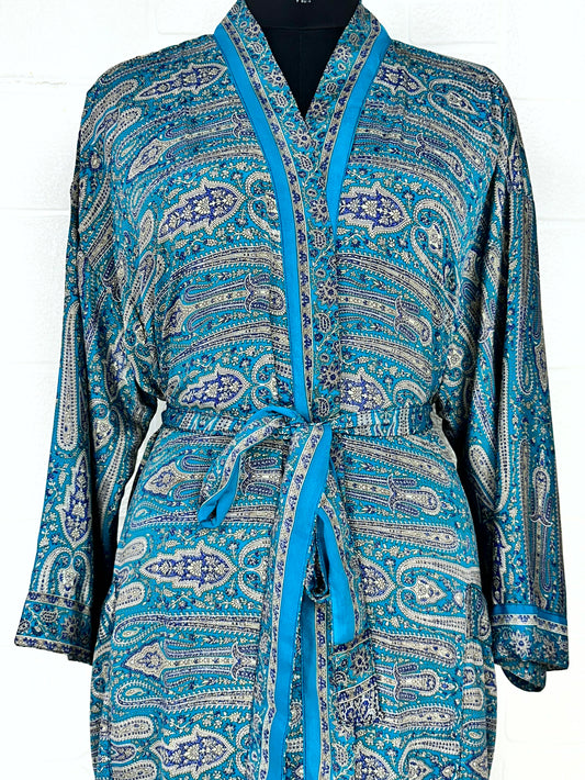 Recycle Boho House Robe Kimono Vintage Silk Sari Dressing Gown, Beach Coverup, Bridesmaid, Anniversary Gift Her | Paisley Print Blue Grey