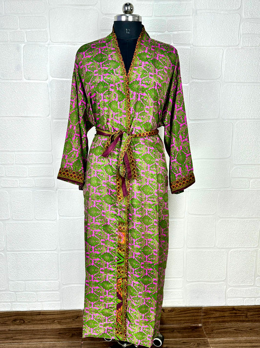 Recycle Boho House Robe Kimono Vintage Silk Sari Dressing Gown, Beach Coverup, Bridesmaid, Anniversary Gift Her | Leaf Print Pink Green