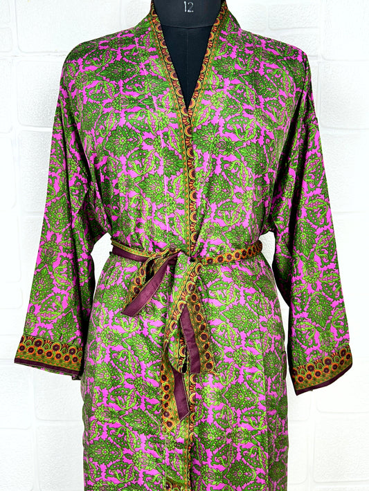 Recycle Boho House Robe Kimono Vintage Silk Sari Dressing Gown, Beach Coverup, Bridesmaid, Anniversary Gift Her | Leaf Print Pink Green