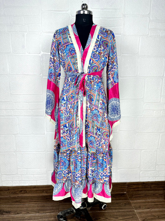 Recycle Boho House Robe Kimono Vintage Silk Sari Dressing Gown, Beach Coverup, Bridesmaid, Anniversary Gift Her | Mandala Print Blue Pink