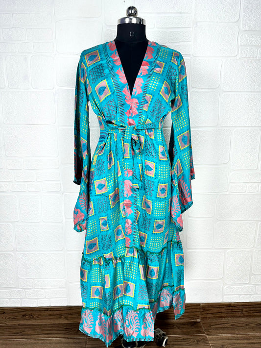 Recycle Boho House Robe Kimono Vintage Silk Sari Dressing Gown, Beach Coverup, Bridesmaid, Anniversary Gift Her | Geometric Print Blue