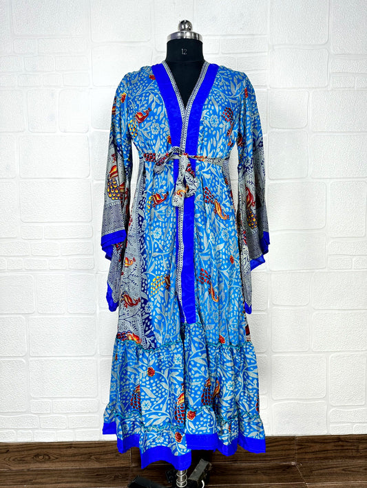 Recycle Boho House Robe Kimono Vintage Silk Sari Dressing Gown, Beach Coverup, Bridesmaid, Anniversary Gift Her | Bird Print Blue Grey