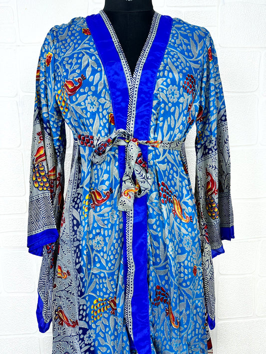 Recycle Boho House Robe Kimono Vintage Silk Sari Dressing Gown, Beach Coverup, Bridesmaid, Anniversary Gift Her | Bird Print Blue Grey