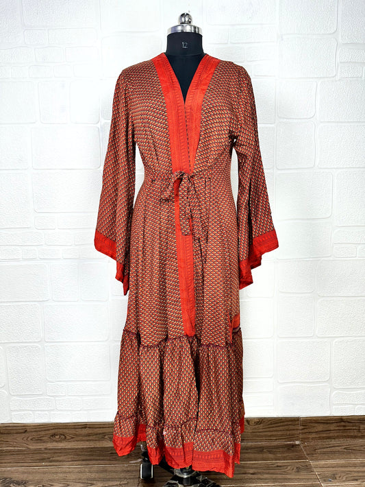 Recycle Boho House Robe Kimono Vintage Silk Sari Dressing Gown, Beach Coverup, Bridesmaid, Anniversary Gift Her | Motiff Print Orange