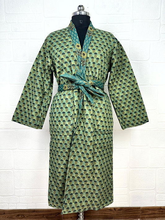 Reversible Pure Cotton Kantha Quilted Unisex Green Floral Kimono Perfect Dressing Fall Autumn Winter Boho Indian Block Printed Stripes Robe