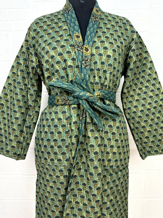 Reversible Pure Cotton Kantha Quilted Unisex Green Floral Kimono Perfect Dressing Fall Autumn Winter Boho Indian Block Printed Stripes Robe