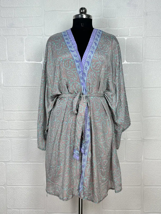 Recycle Vintage Silk Riya Short Kimono Boho Robe Soft Lightweight Breathable Beach Coverup | Perfect Gift For Her