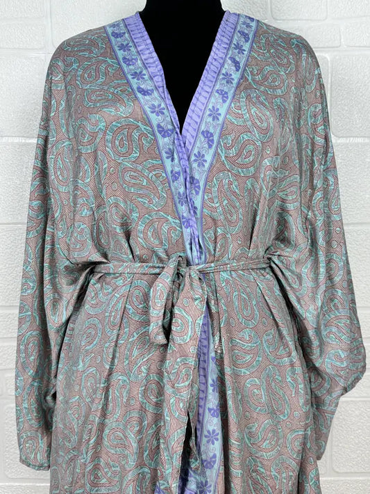 Recycle Vintage Silk Riya Short Kimono Boho Robe Soft Lightweight Breathable Beach Coverup | Perfect Gift For Her