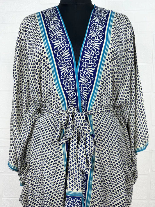 Recycle Vintage Silk Riya Short Kimono Boho Robe Soft Lightweight Breathable Beach Coverup | Perfect Gift For Her