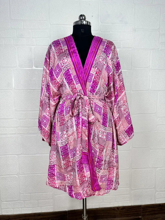 Recycle Vintage Silk Riya Short Kimono Boho Robe Soft Lightweight Breathable Beach Coverup | Perfect Gift For Her