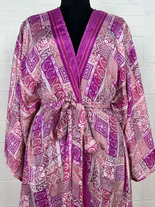 Recycle Vintage Silk Riya Short Kimono Boho Robe Soft Lightweight Breathable Beach Coverup | Perfect Gift For Her