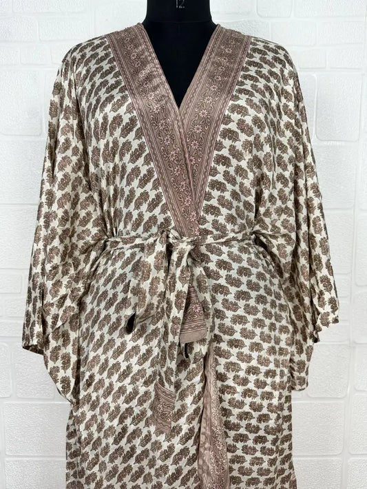 Recycle Vintage Silk Riya Short Kimono Boho Robe Soft Lightweight Breathable Beach Coverup | Perfect Gift For Her