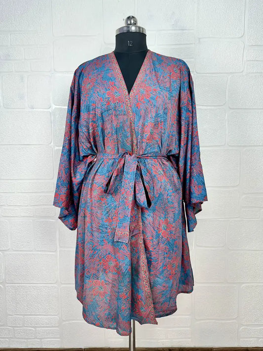 Recycle Vintage Silk Riya Short Kimono Boho Robe Soft Lightweight Breathable Beach Coverup | Perfect Gift For Her