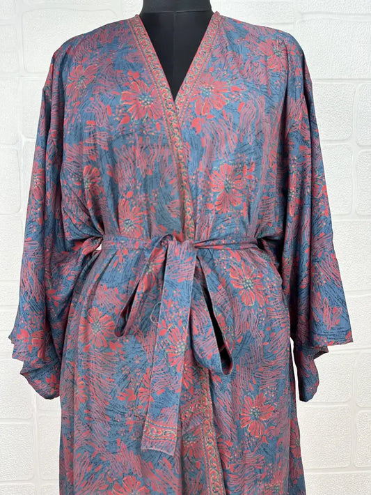 Recycle Vintage Silk Riya Short Kimono Boho Robe Soft Lightweight Breathable Beach Coverup | Perfect Gift For Her